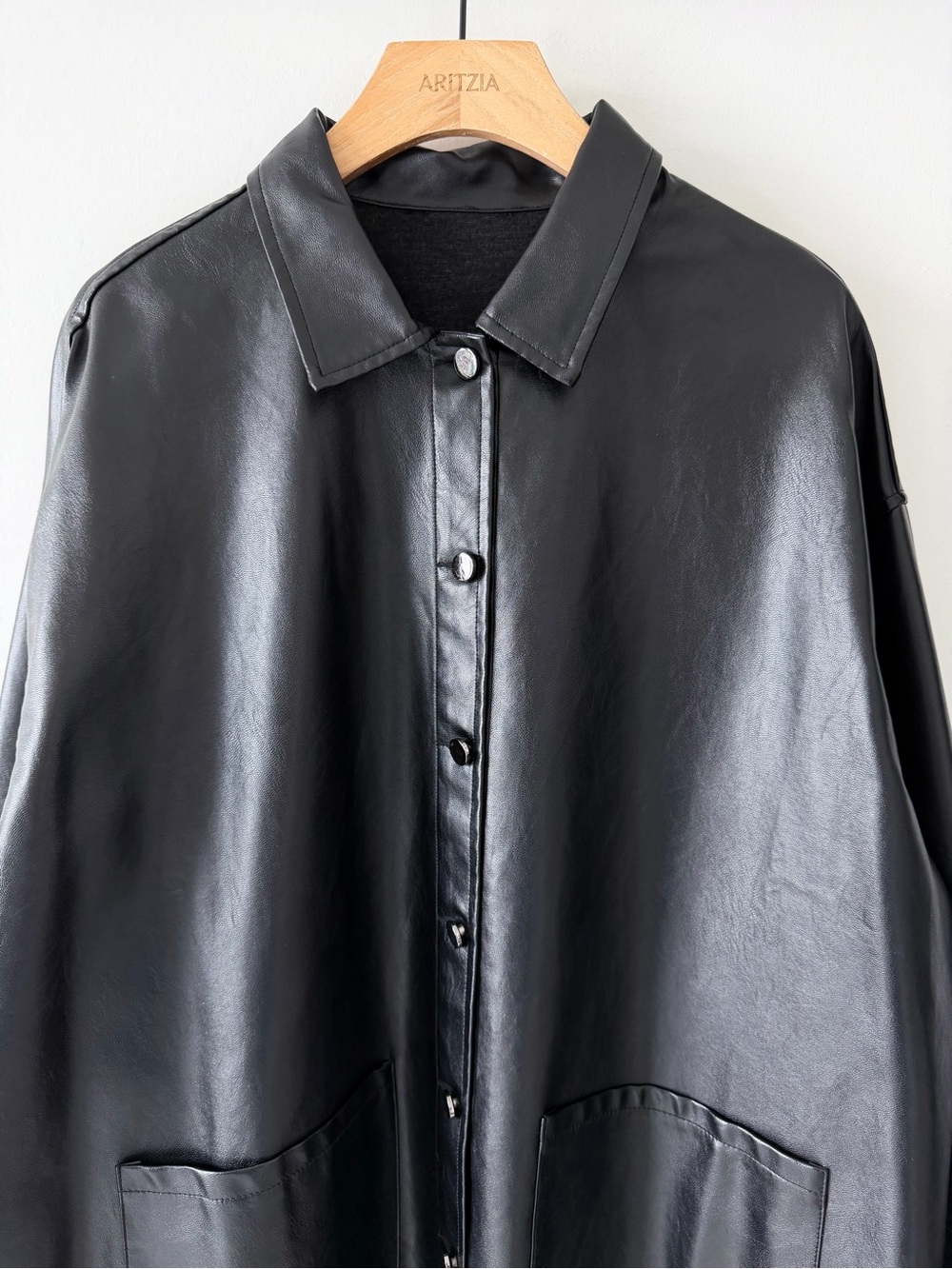 Oversized Black Faux Leather Shirt Jacket Snap Button Minimalist Shacket - Picture 5 of 10